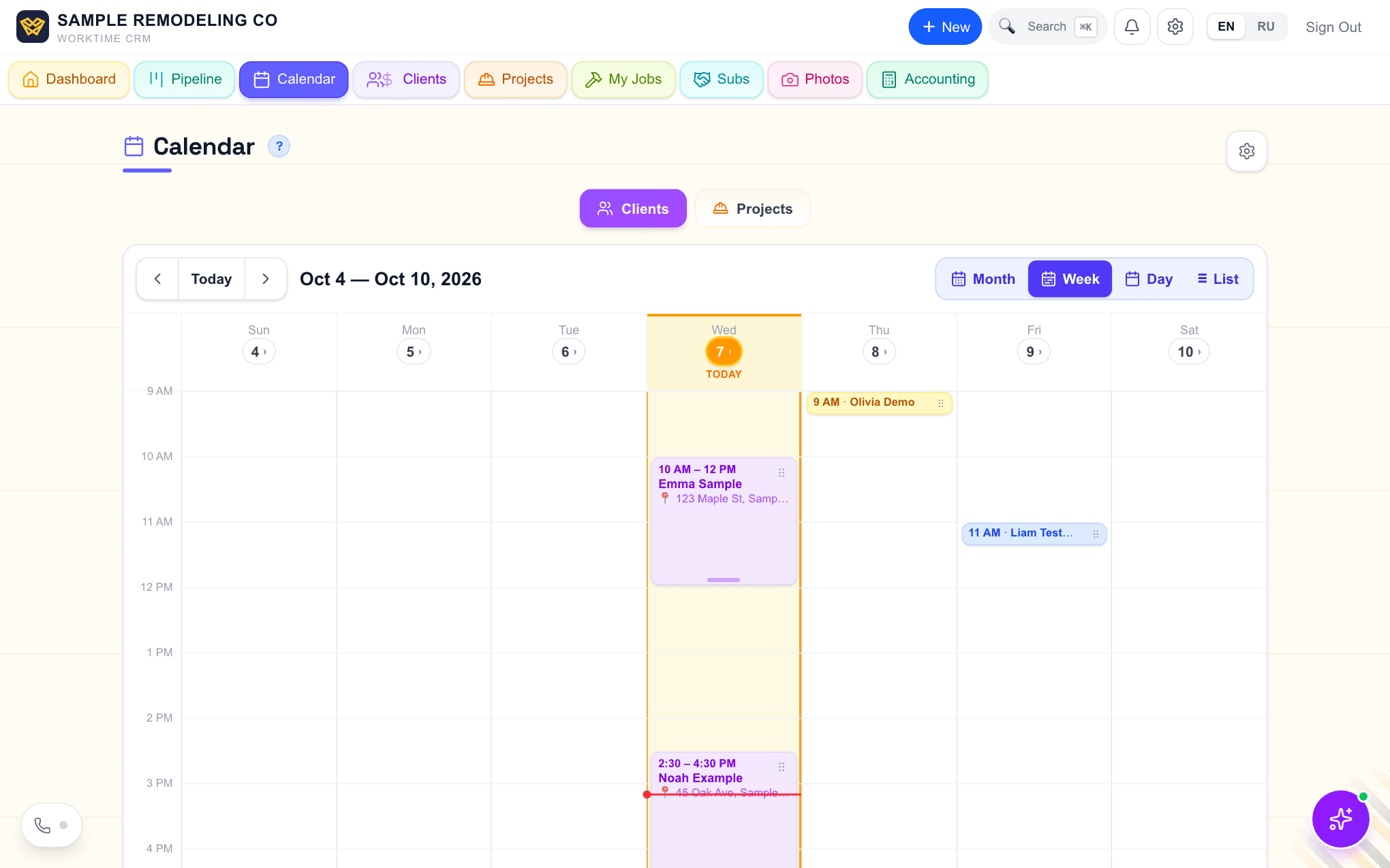 The Calendar in WorkTime CRM with two estimate visits on today