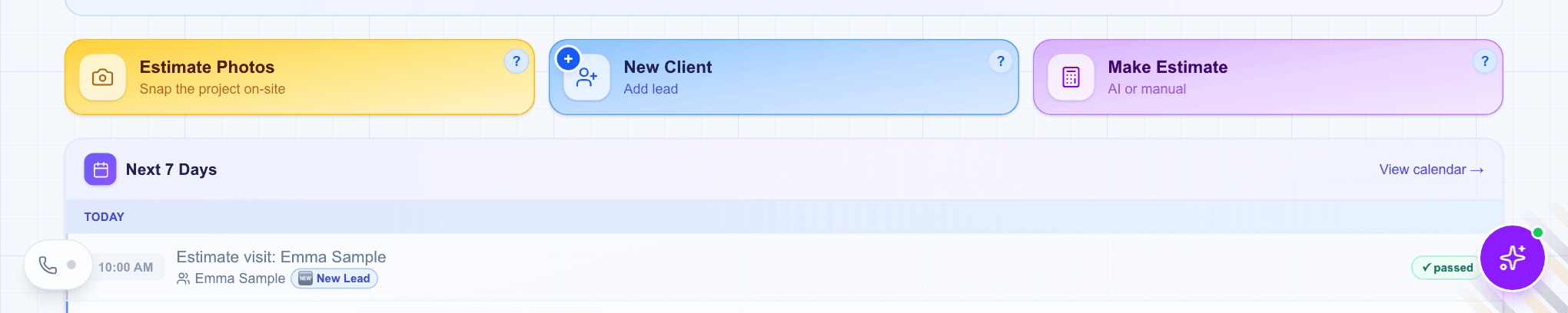 The Dashboard of WorkTime CRM: the Estimate Photos tile next to New Client and Make Estimate