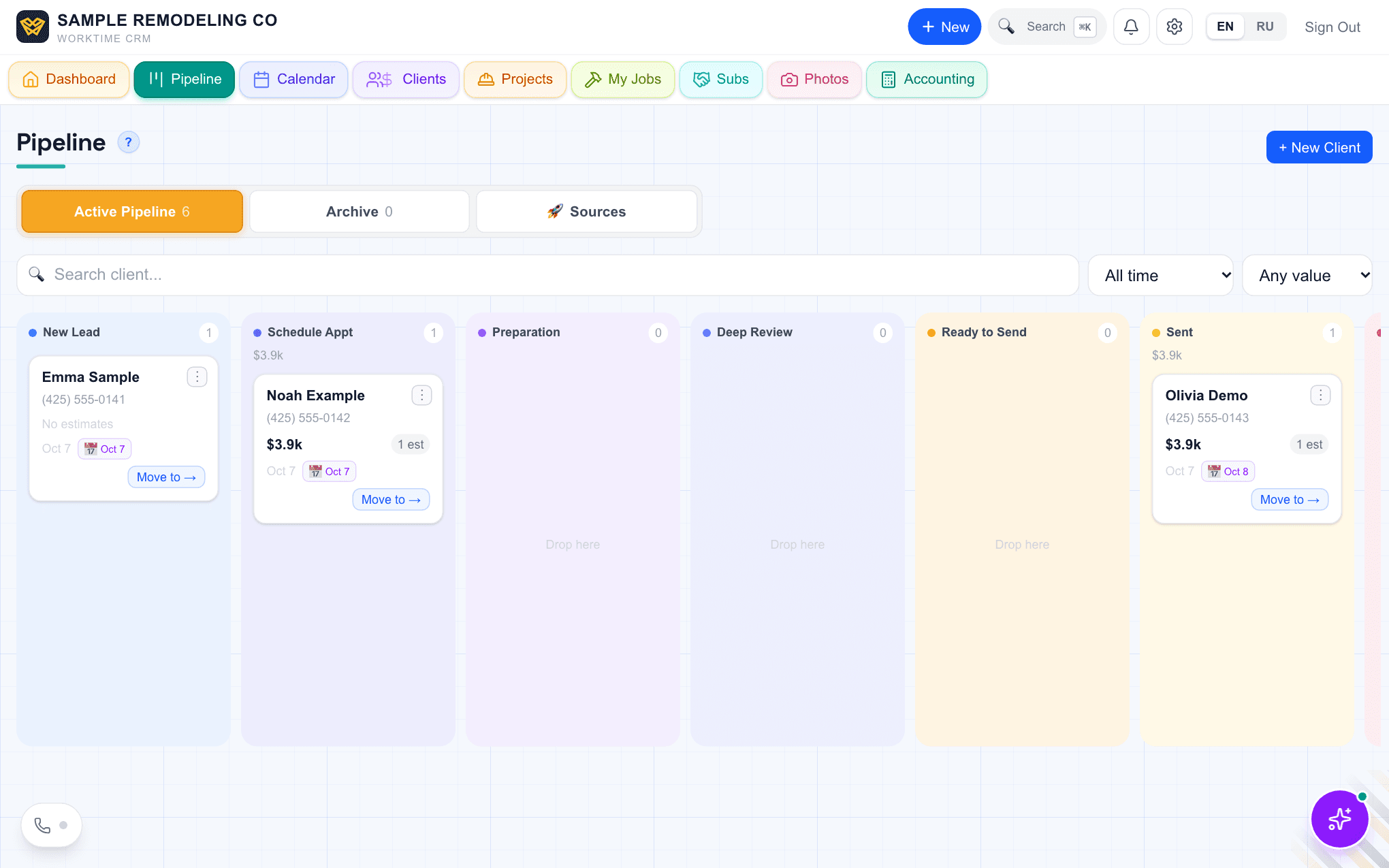 The Pipeline board in WorkTime CRM with client cards in stage columns