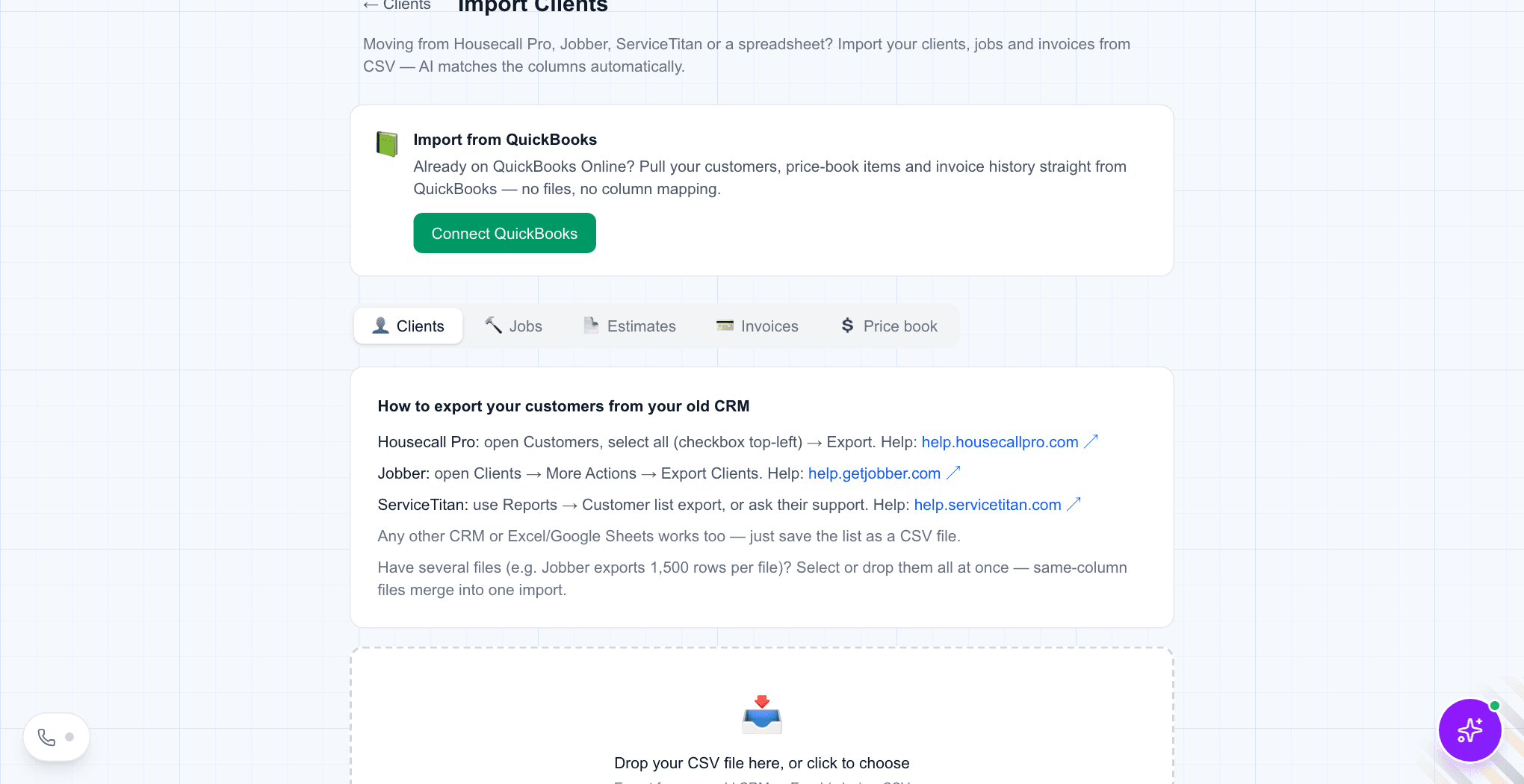 The import page in WorkTime CRM with tabs for clients, jobs, estimates, invoices and the price book