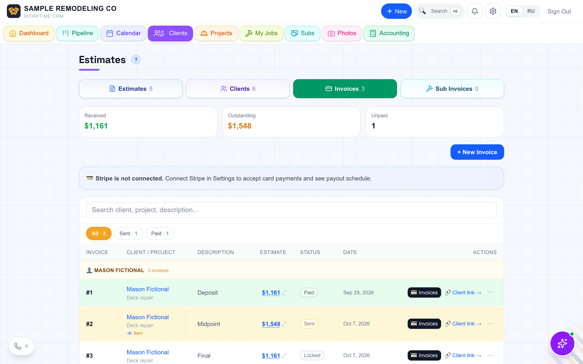 The Invoices tab in WorkTime CRM: deposit paid, midpoint sent, final still locked