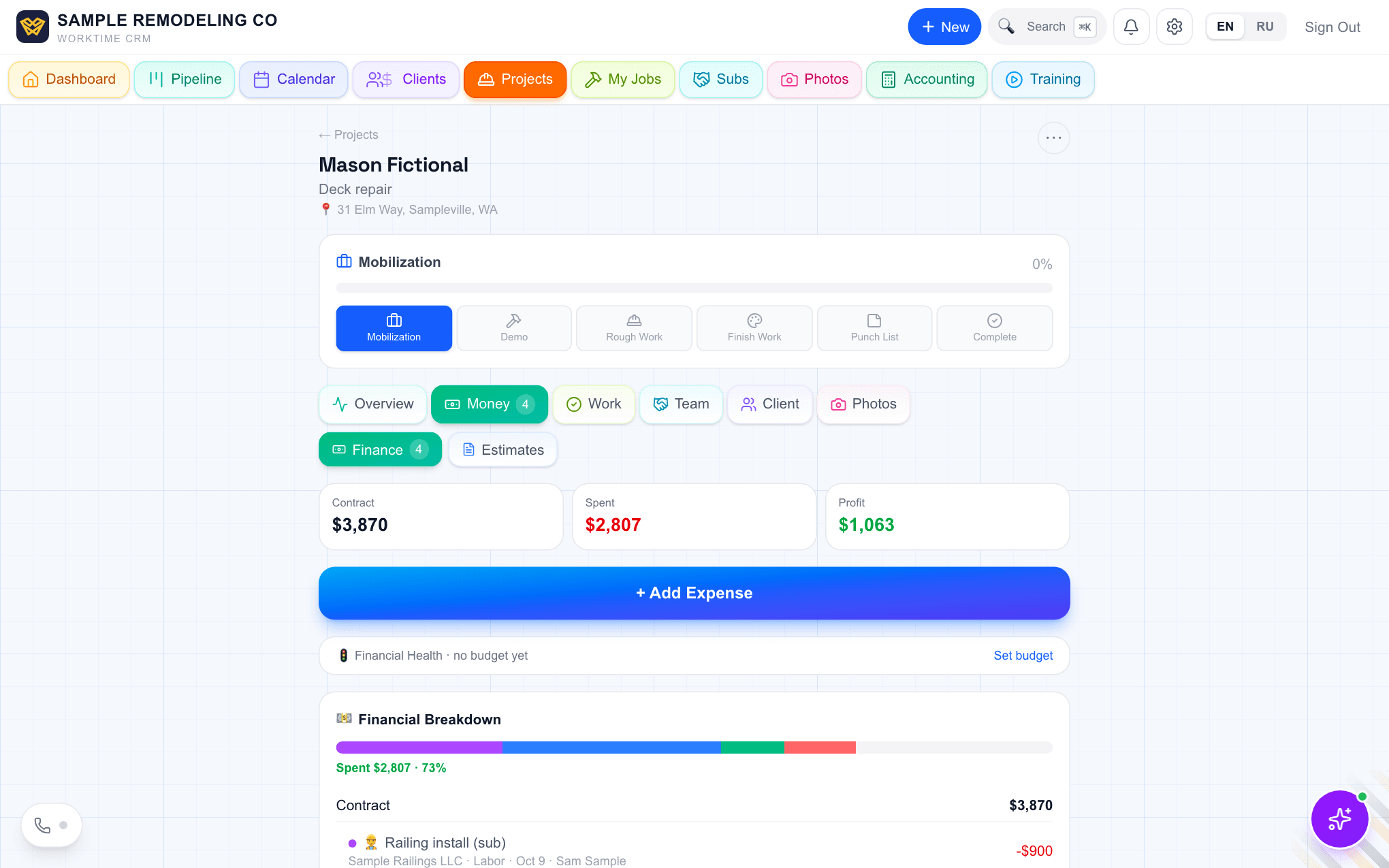 The Money tab of a project: Contract, Spent and Profit on top, the Add Expense button, the Financial Health line with Set budget, and the expense list